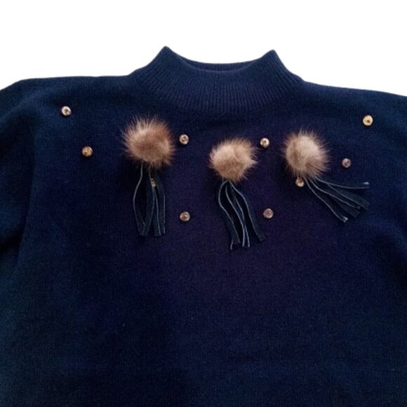 Unique Black Mock Neck Knit Sweater with Pom Poms Fits Size Small - Picture 2 of 4